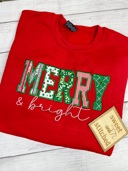 Womens Christmas sweatshirt merry and bright applique design