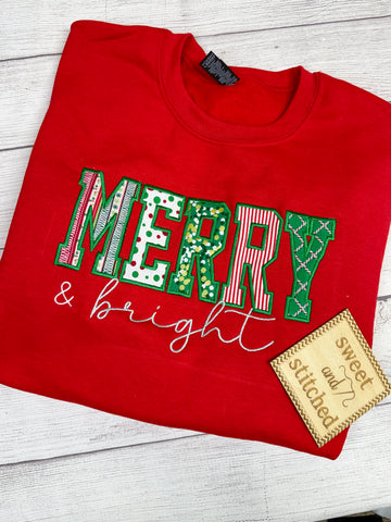 Womens Christmas sweatshirt merry and bright applique design