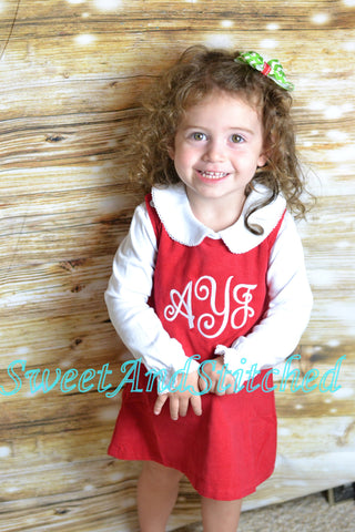 Girls Christmas or Valentine's dress - Monogrammed Christmas or Valentine's outfit- Corduroy Christmas jumper, baby girl valentine's dress