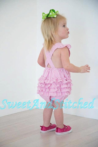 Monogrammed baby girl ruffle bubble, Seersucker girls bubble monogrammed, seersucker summer romper, girls seersucker Beach Outfit