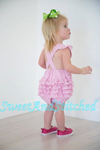 Monogrammed baby girl rainbow 1st birthday outfit ruffle bubble with 1 and name, Seersucker girls cake smash bubble