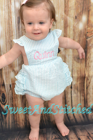 Monogrammed baby girl ruffle bubble, Seersucker girls bubble monogrammed, seersucker summer romper, girls seersucker Beach Outfit