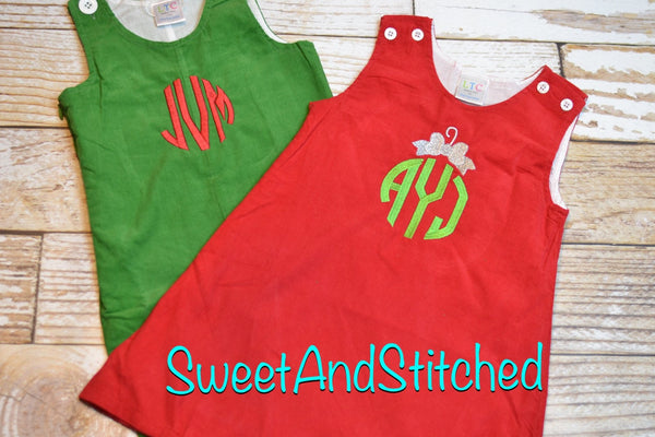 Girls Christmas dress - Monogrammed Christmas dress- Corduroy Christmas jumper - Christmas ornament dress, 1st Christmas outfit jumper dress