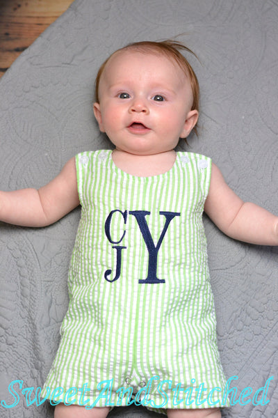 Monogrammed baby boy outfit, baby boy romper or jon jon, seersucker beach outfit, monogrammed jon jon, seersucker
