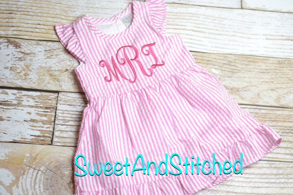 Monogrammed Seersucker dress, pink toddler dress, baby girl easter dress personalized, toddler beach outfit, Summer outfit, Baby Girl Beach