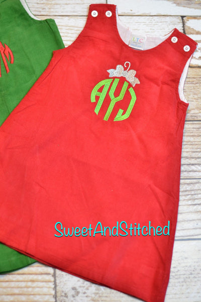 Girls Christmas dress - Monogrammed Christmas dress- Corduroy Christmas jumper - Christmas ornament dress, 1st Christmas outfit jumper dress