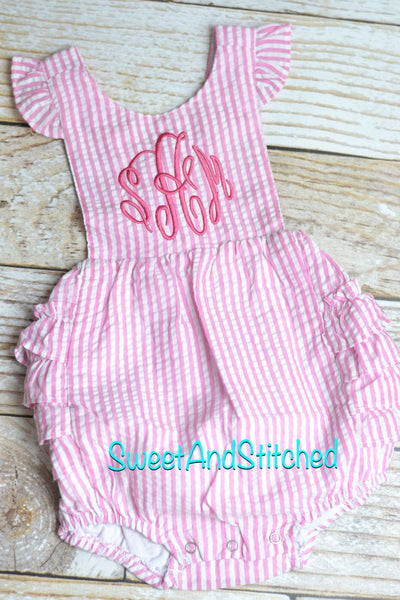 Monogrammed toddler bubble romper, monogrammed Seersucker bubble, baby girl summer outfit, toddler Beach Outfit