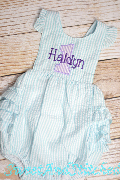 Monogrammed baby girl birthday bubble, birthday romper, 1st birthday outfit, personalized cake smash outfit, mermaid theme cake smash romper