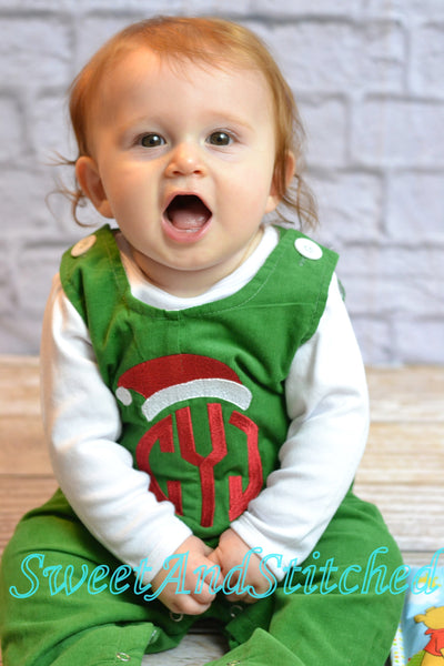 Monogrammed sage green Christmas overalls or romper with your choice of design, name or monogram, boys reindeer outfit
