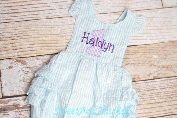 Monogrammed baby girl birthday bubble romper, 1st birthday outfit, personalized cake smash outfit, pink and aqua cake smash romper