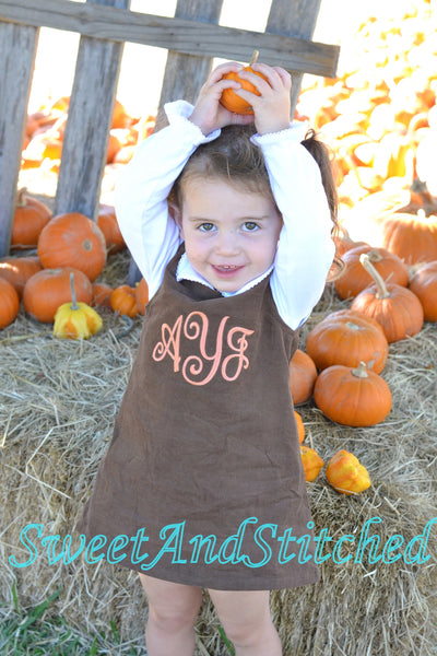 Girls Pumpkin Dress, monogrammed thanksgiving dress, corduroy jumper, personalized Corduroy pumpkin dress,