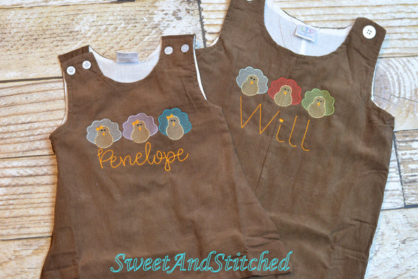 Baby Boy thanksgiving outfit with turkeys and name in vintage style, boys corduroy overalls personalized, Monogrammed thanksgiving longall