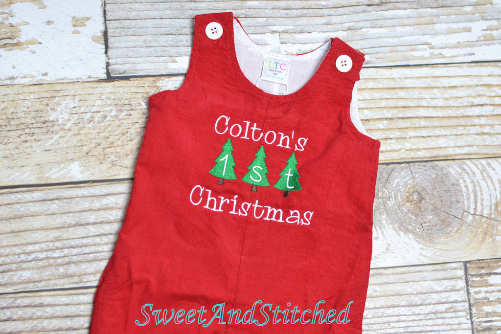 Personalized Baby Boy 1st Christmas outfit - monogrammed Christmas corduroy overalls