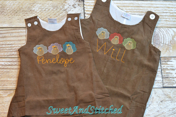 Baby Boy thanksgiving outfit with turkeys and name in vintage style, boys corduroy overalls personalized, Monogrammed thanksgiving longall