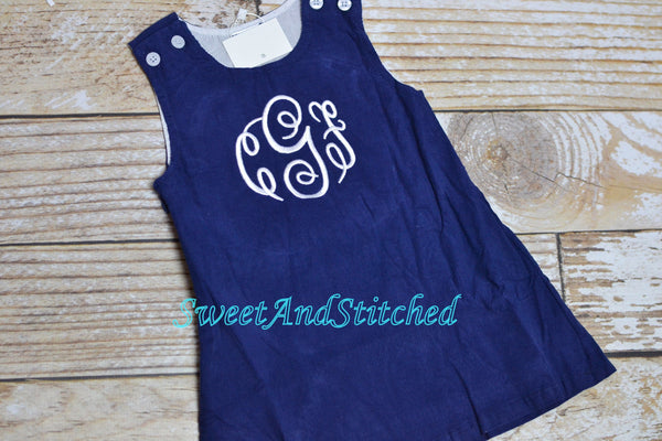 Monogrammed Corduroy Christmas dress in navy with santa monogram, Girls personalized Christmas dress, coordinating sibling Christmas outfits