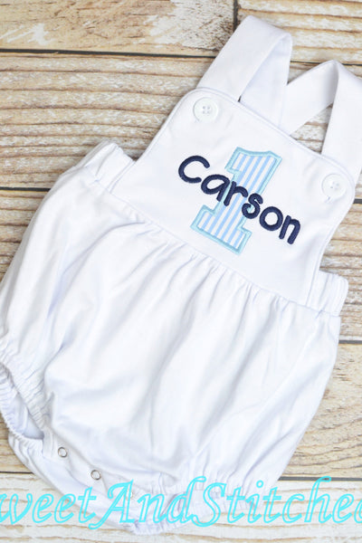 Monogrammed Boys birthday outfit seersucker, baby boy seersucker romper bubble for cake smash, baby boy vintage style cake birthday outfit