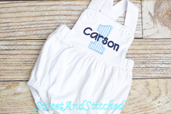 Monogrammed Boys birthday outfit seersucker, baby boy seersucker romper bubble for cake smash, baby boy vintage style cake birthday outfit