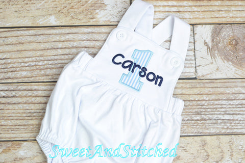 Monogrammed Boys birthday outfit seersucker, baby boy seersucker romper bubble for cake smash, baby boy vintage style cake birthday outfit