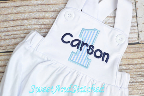 Monogrammed Boys birthday outfit seersucker, baby boy seersucker romper bubble for cake smash