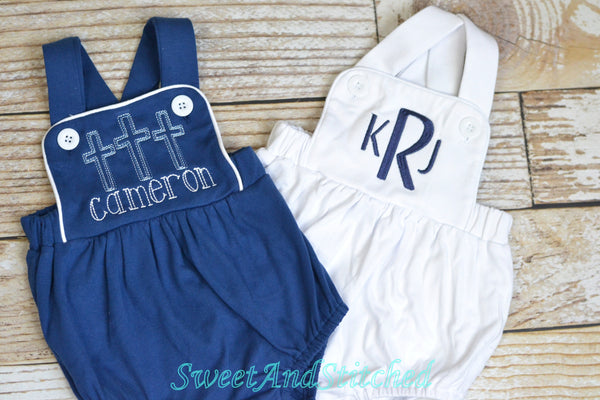 Monogrammed baby boy bubble, monogrammed boys romper, baby blue baptism outfit, baby dedication outfit, monogrammed cross backed sunsuit