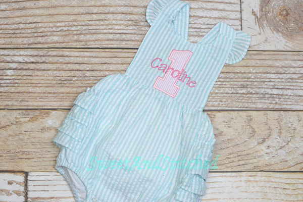 Monogrammed baby girl birthday bubble romper, 1st birthday outfit, personalized cake smash outfit, pink and aqua cake smash romper