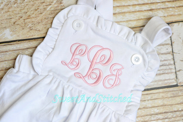 Monogrammed baby girl ruffle bubble, baby sunsuit, personalized baby girl clothing, monogrammed ruffle romper, beach outfit sun suit
