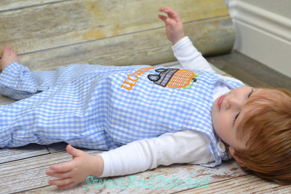 Personalized Boys Pumpkin overalls with pumpkin wagon design in sage green - fall thanksgiving Outfit