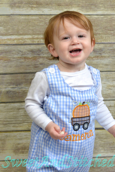 Personalized Boys Pumpkin outfit with pumpkin wagon design and name - Baby Boy fall, halloween, thanksgiving Outfit, thanksgiving overalls
