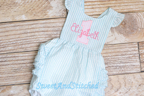 Monogrammed baby girl birthday bubble romper, 1st birthday outfit, personalized cake smash outfit, pink and aqua cake smash romper