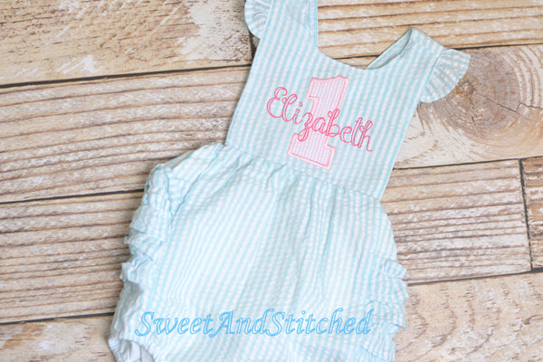 Monogrammed baby girl birthday bubble romper, 1st birthday outfit, personalized cake smash outfit, pink and aqua cake smash romper