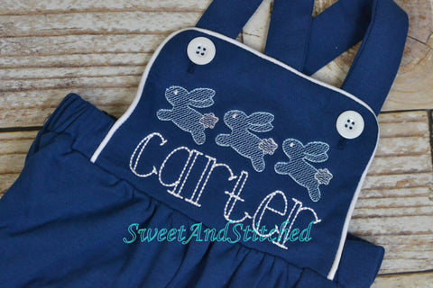 Monogrammed boys easter outfit with bunnies and name, baby dedication or baptism outfit with crosses, boys bubble romper, boys church outfit