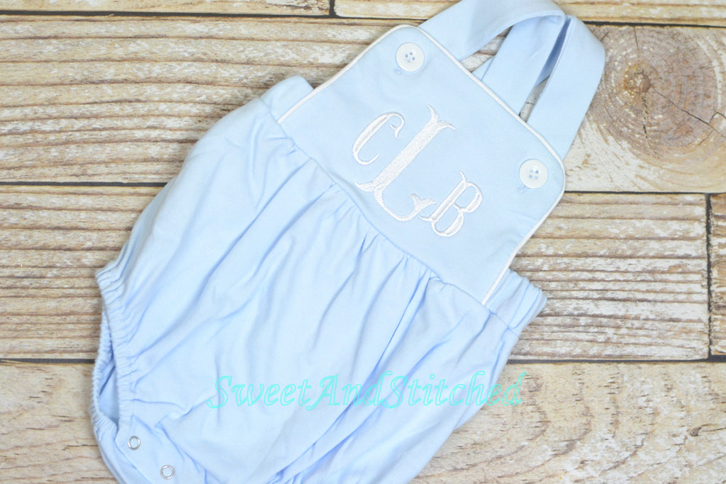 Monogrammed baby boy bubble, monogrammed boys romper, baby blue baptism outfit, baby dedication outfit, monogrammed cross backed sunsuit
