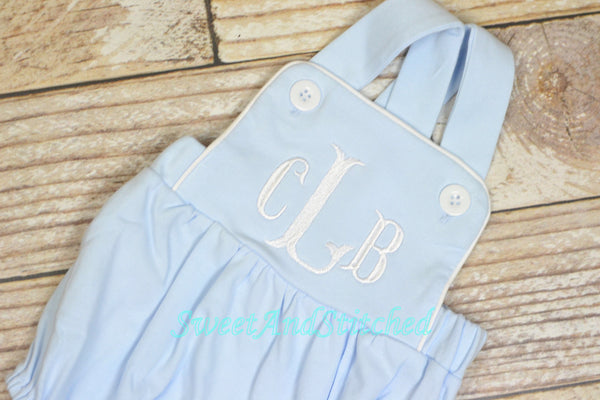 Monogrammed baby boy bubble, monogrammed boys romper, baby blue baptism outfit, baby dedication outfit, monogrammed cross backed sunsuit