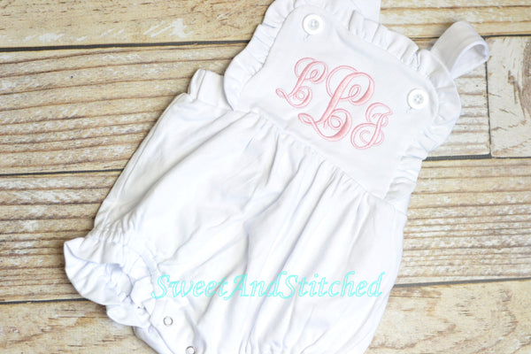 Monogrammed baby girl ruffle bubble, baby sunsuit, personalized baby girl clothing, monogrammed ruffle romper, beach outfit sun suit