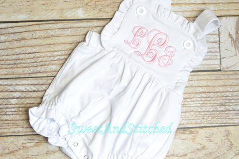 Monogrammed baby girl ruffle bubble, baby sunsuit, personalized baby girl clothing, monogrammed ruffle romper, beach outfit sun suit