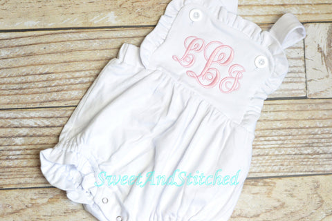 Monogrammed baby girl ruffle bubble, baby sunsuit, personalized baby girl clothing, monogrammed ruffle romper, beach outfit sun suit