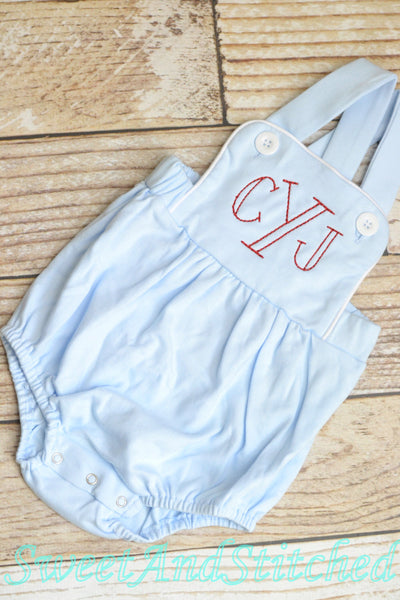 Monogrammed baby boy bubble with wagon design and name, monogrammed boys romper, red wagon outfit, monogrammed cross backed sunsuit