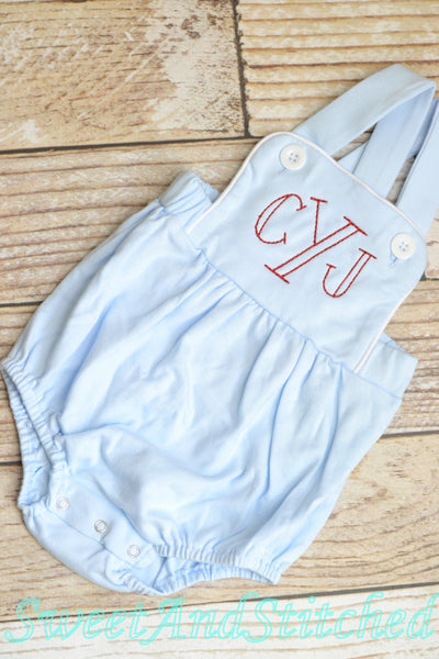 Monogrammed baby boy bubble, monogrammed boys romper, baby blue baptism outfit, baby dedication outfit, monogrammed cross backed sunsuit