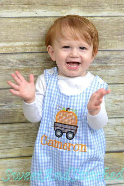 Personalized Boys Pumpkin overalls with pumpkin wagon design in sage green - fall thanksgiving Outfit