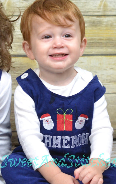 Baby boy Christmas outfit, Toddler Boys Christmas overalls, Boys monogrammed snowman outfit, Navy Corduroy Christmas Longall Outfit