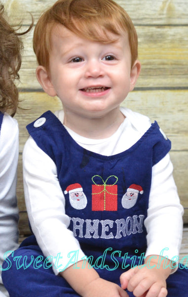 Baby boy Christmas outfit, Toddler Boys Christmas overalls, Boys monogrammed santa outfit, Navy Corduroy Christmas Longall Outfit