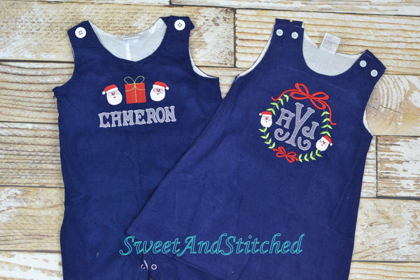 Baby boy Christmas outfit, Toddler Boys Christmas overalls, Boys monogrammed snowman outfit, Navy Corduroy Christmas Longall Outfit