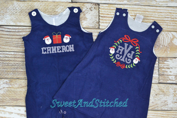 Baby boy Christmas outfit, Toddler Boys Christmas overalls, Boys monogrammed santa outfit, Navy Corduroy Christmas Longall Outfit