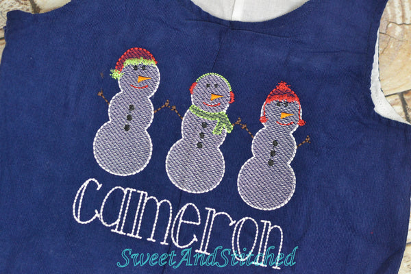 Baby boy Christmas outfit, Toddler Boys Christmas overalls, Boys monogrammed snowman outfit, Navy Corduroy Christmas Longall Outfit