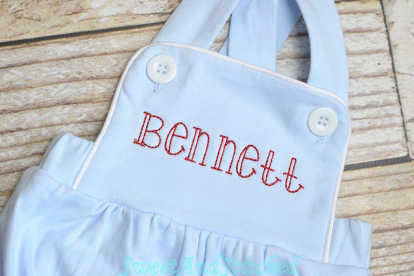 Monogrammed baby boy bubble, monogrammed boys romper, baby blue baptism outfit, baby dedication outfit, monogrammed cross backed sunsuit