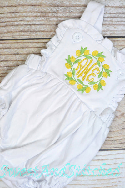 Monogrammed baby girl ruffle bubble with lemons, girls summer monogrammed lemon outfit, 1st birthday cake smash outfit, Summer Beach Outfit
