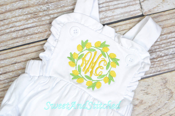 Monogrammed baby girl ruffle bubble with lemons, girls summer monogrammed lemon outfit, 1st birthday cake smash outfit, Summer Beach Outfit