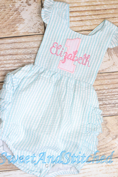 Monogrammed baby girl birthday bubble romper, 1st birthday outfit, personalized cake smash outfit, pink and aqua cake smash romper