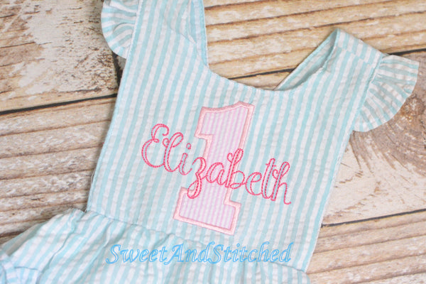 Monogrammed baby girl birthday bubble romper, 1st birthday outfit, personalized cake smash outfit, pink and aqua cake smash romper