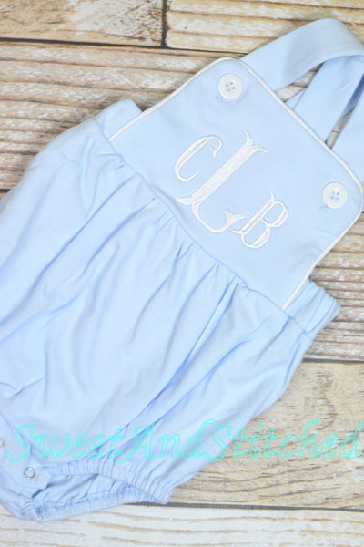 Monogrammed baby boy bubble, monogrammed boys romper, baby blue baptism outfit, baby dedication outfit, monogrammed cross backed sunsuit